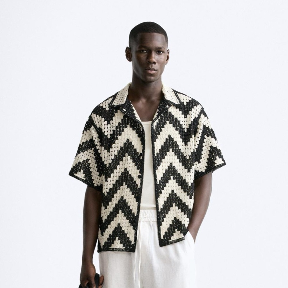 Zara Black and White Chevron Casual Button Down Shirt